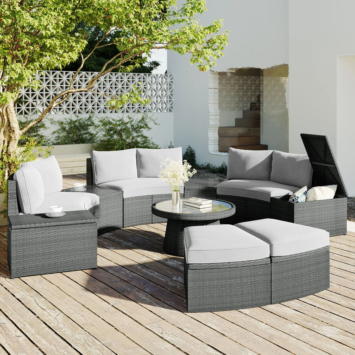 10 Piece Outdoor Sectional Half Round Patio Rattan Sofa Set - Furniture Home Direct