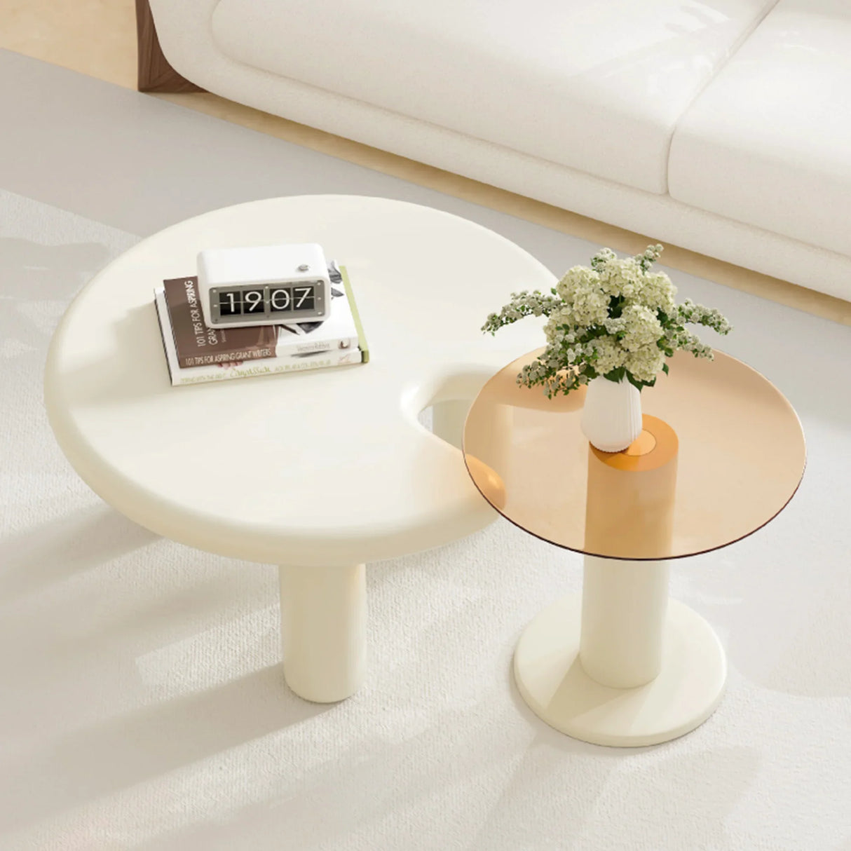 Nesting Coffee Tables Modern Round MDF Glass Beige Amber - Furniture Home Direct