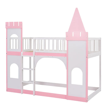 Twin Over Twin Castle Bunk Bed With Ladder - Pink - Furniture Home Direct