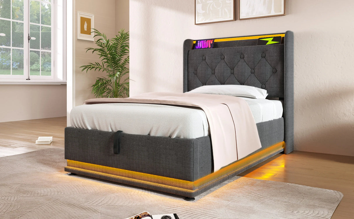 Twin Upholstered Bed 360 Surround LED Lighting USB C Gray - Furniture Home Direct