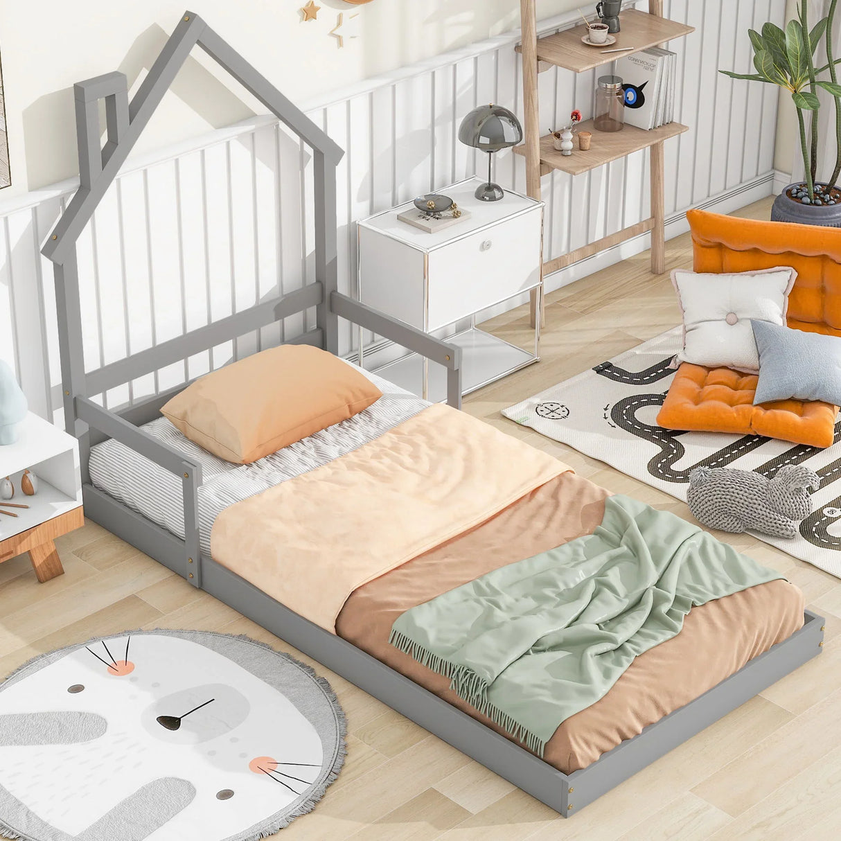 Twin House-Shaped Headboard Floor Bed With Handrails, Slats - Furniture Home Direct