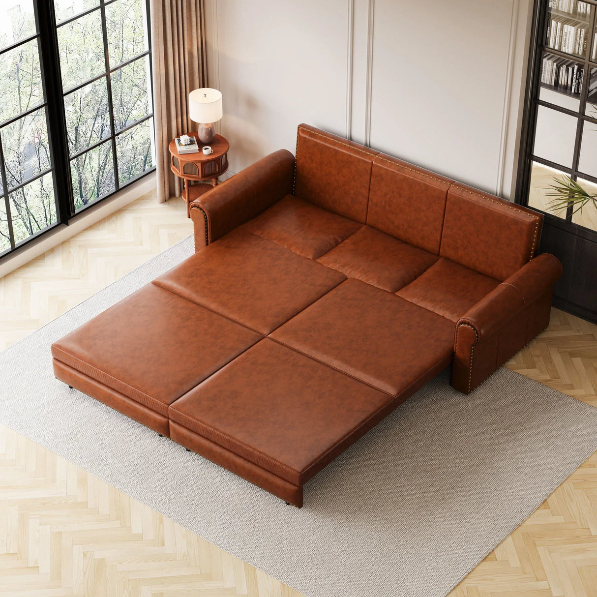 3 In 1 Convertible Sleeper Sofa With Nailhead Trim & Rolled Arm - Furniture Home Direct