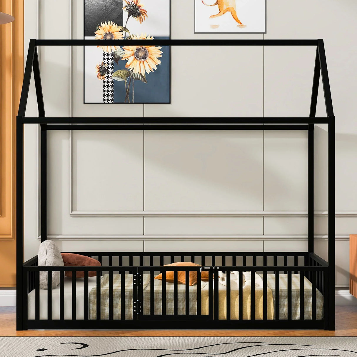 Metal House Bed With Fence And Door - Furniture Home Direct
