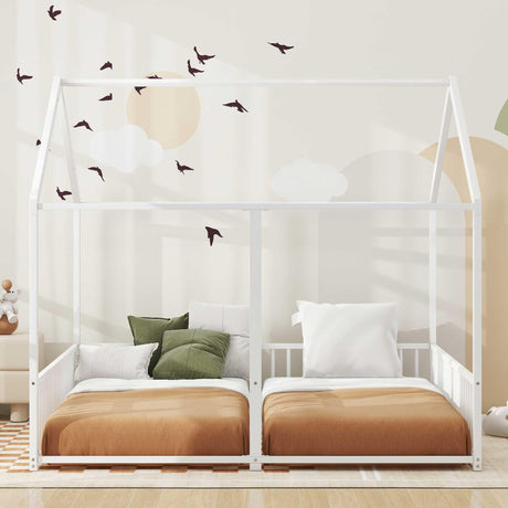 Metal Twin Size House Platform Beds 2 Shared Beds - Antique White - Furniture Home Direct