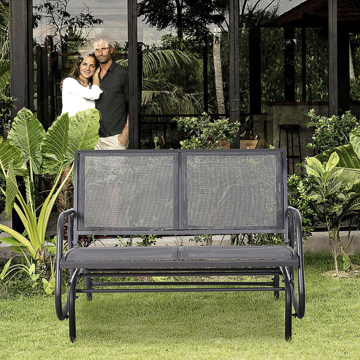 Outsunny - 2 Person Outdoor Glider Bench, Patio Double Swing Rocking Chair Loveseat With Powder Coated Steel Frame For Backyard Garden Porch - Gray - Furniture Home Direct