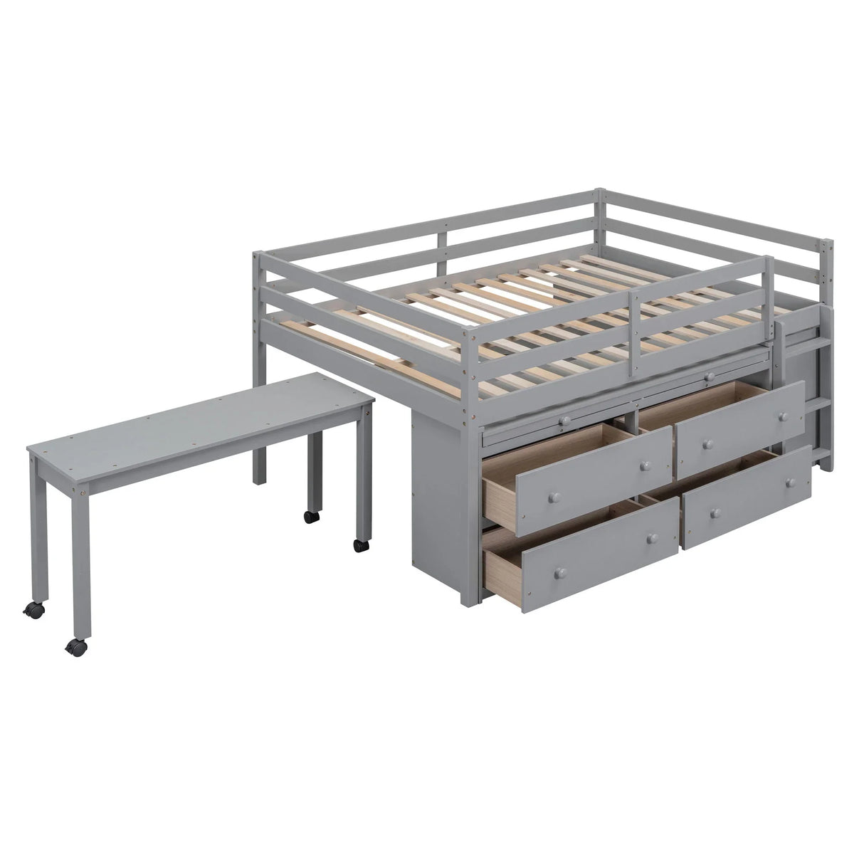 Loft Bed With Retractable Writing Desk And 4 Drawers, With Lateral Portable Desk And Shelves - Furniture Home Direct