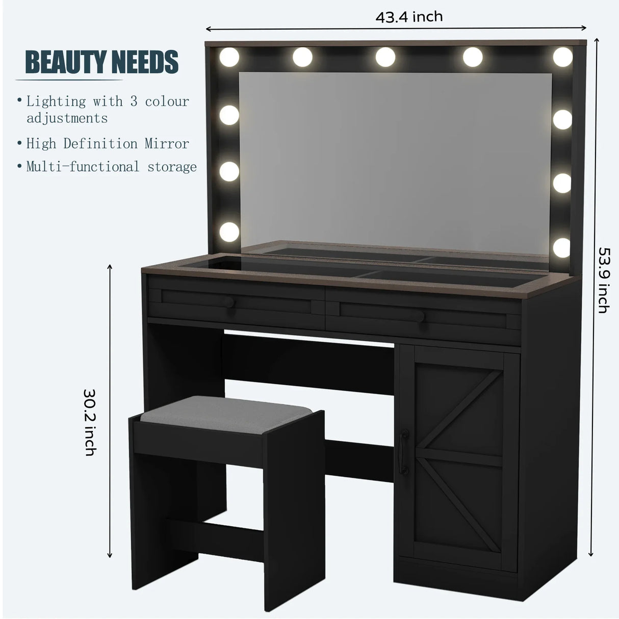 Makeup Vanity Desk With Large Mirror And Lights Black - Furniture Home Direct
