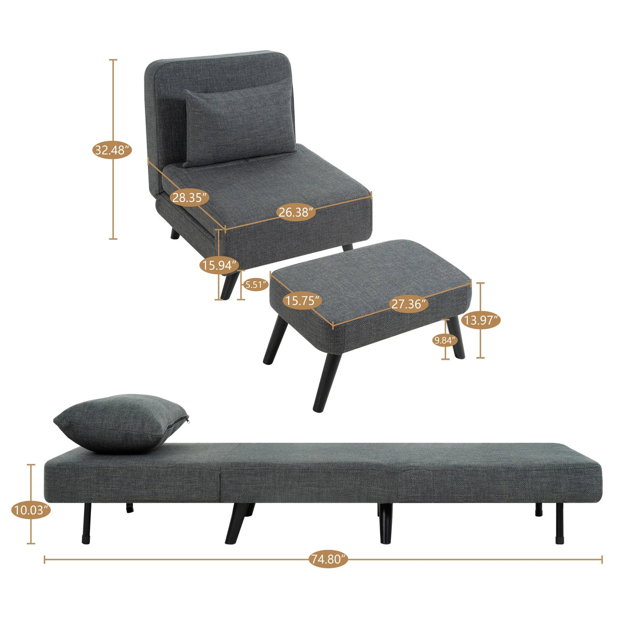 3 In 1 Foldable Linen Chaise Lounge With Adjustable Backrest - Furniture Home Direct