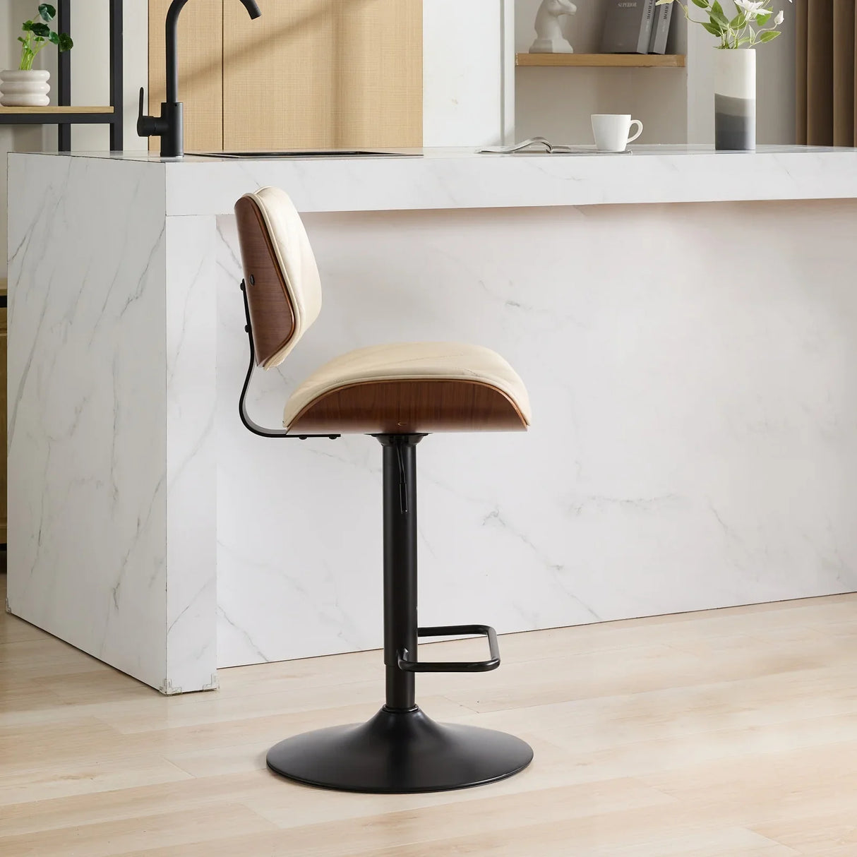 Counter Height Stool Adjustable PU Leather Swivel Beige - Furniture Home Direct