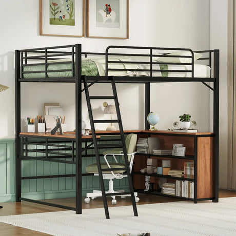 Loft Bed & 3 Layers Of Shelves And L-Shaped Desk - Furniture Home Direct
