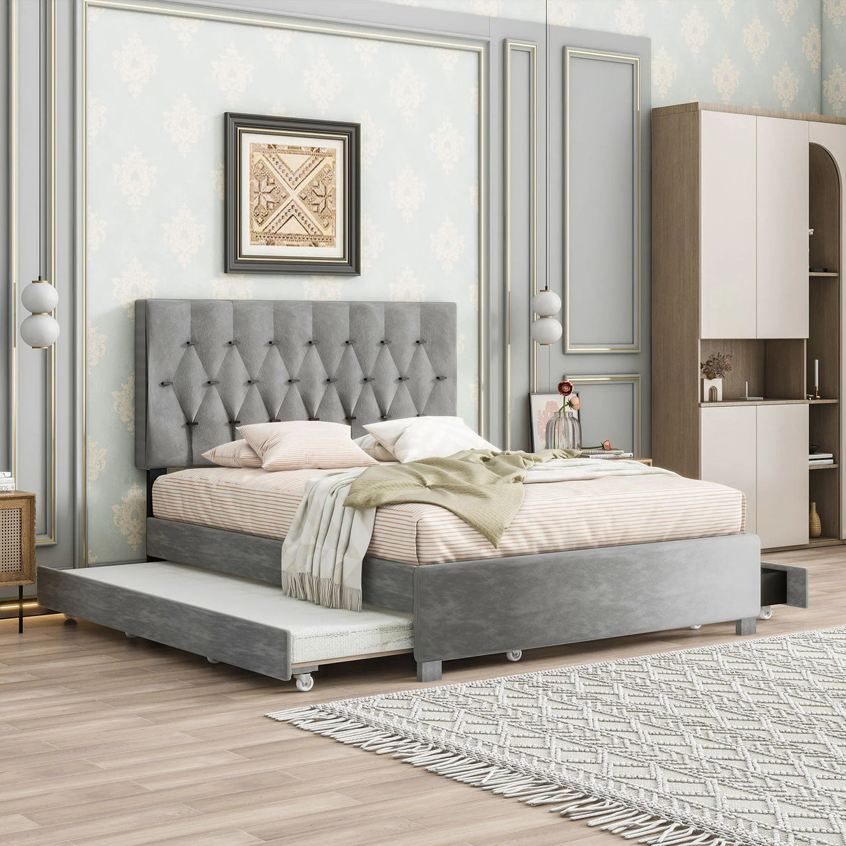 Trundle Pull Out Drawers Storage Upholstered Bed Modern Design No Box Spring Required - Furniture Home Direct