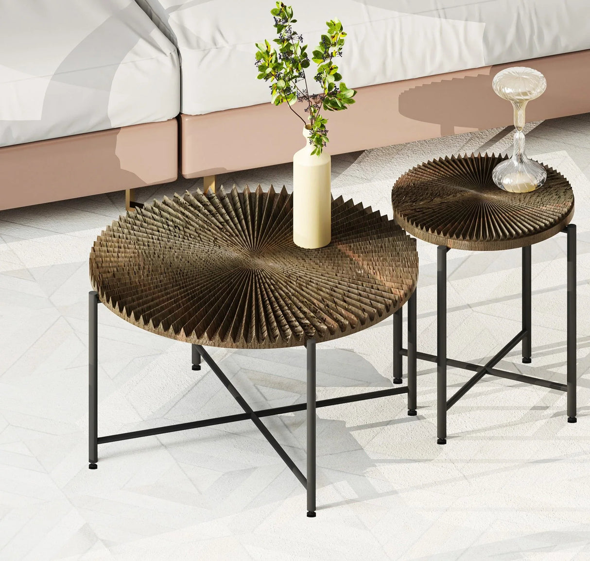 Radial - Pattern Coffee And End Table Set Waterproof Cover, Distressed Cylindrical Design (Set of 2) - Furniture Home Direct