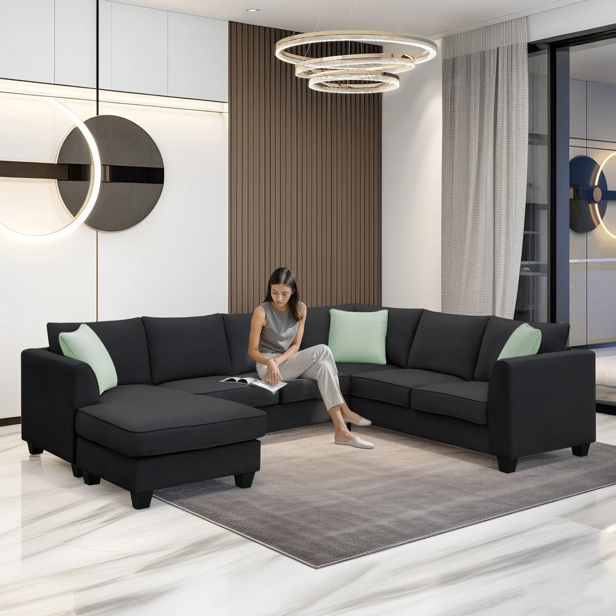 L Shaped Sectional Sofa with Ottoman and Cushions Black - Furniture Home Direct