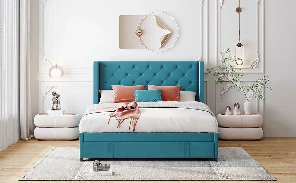 Storage Bed Velvet Upholstered Platform Bed With Wingback Headboard And A Big Drawer - Furniture Home Direct
