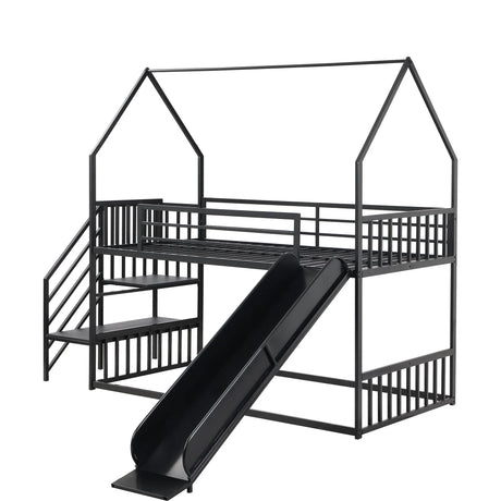 Twin Over Twin Metal Bunk Bed House Bed With Slide And Staircase - Furniture Home Direct