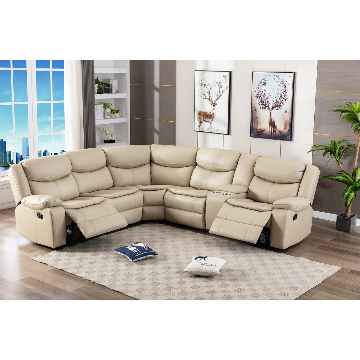 Sectional Sofa Leather Power Reclining With USB Port Cream - Furniture Home Direct