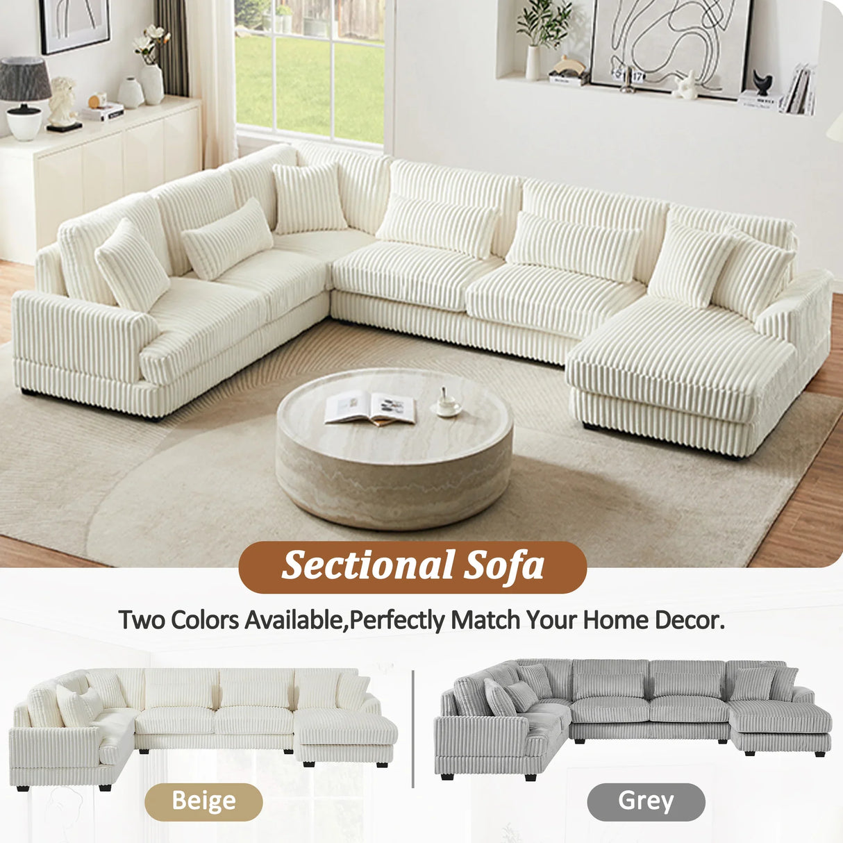 Sectional Sofa U Shaped Oversized With Chaise Beige - Furniture Home Direct