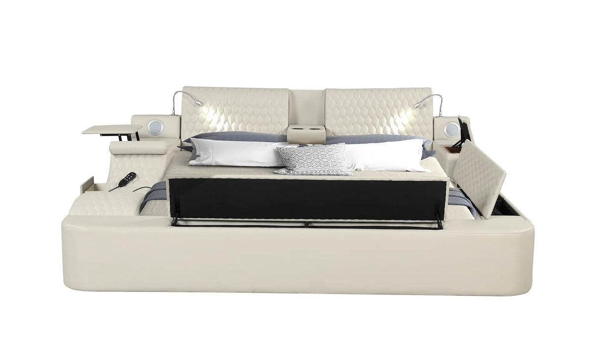 Queen Bed Upholstered Platform with Built in Lighting Beige - Furniture Home Direct