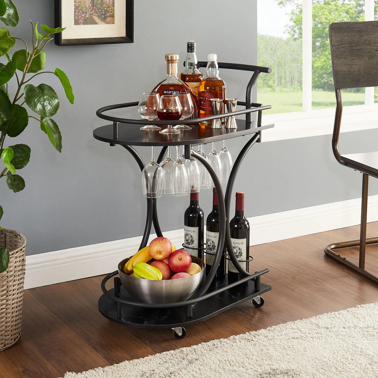 2 Tier Bar Cart, Slide Bar Serving Cart, Retro Style Wine Cart For Kitchen, Beverage Cart With Wine Rack And Glass Holder, Rolling Drink Trolley For Living Room, Dining Room - Black - Furniture Home Direct