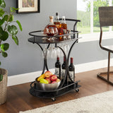 2 Tier Bar Cart, Slide Bar Serving Cart, Retro Style Wine Cart For Kitchen, Beverage Cart With Wine Rack And Glass Holder, Rolling Drink Trolley For Living Room, Dining Room - Black - Furniture Home Direct