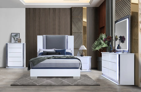 Queen Bedroom Set 5 Piece Modern with LED Lighting White - Furniture Home Direct