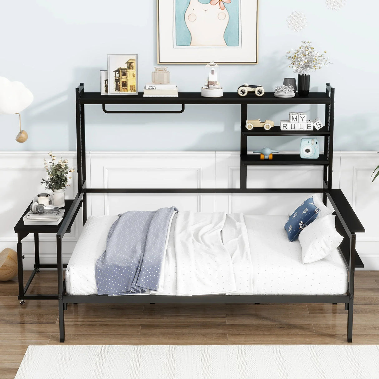 Daybed With Movable Desk, Grid, Shelves And Clothes Hanger - Furniture Home Direct