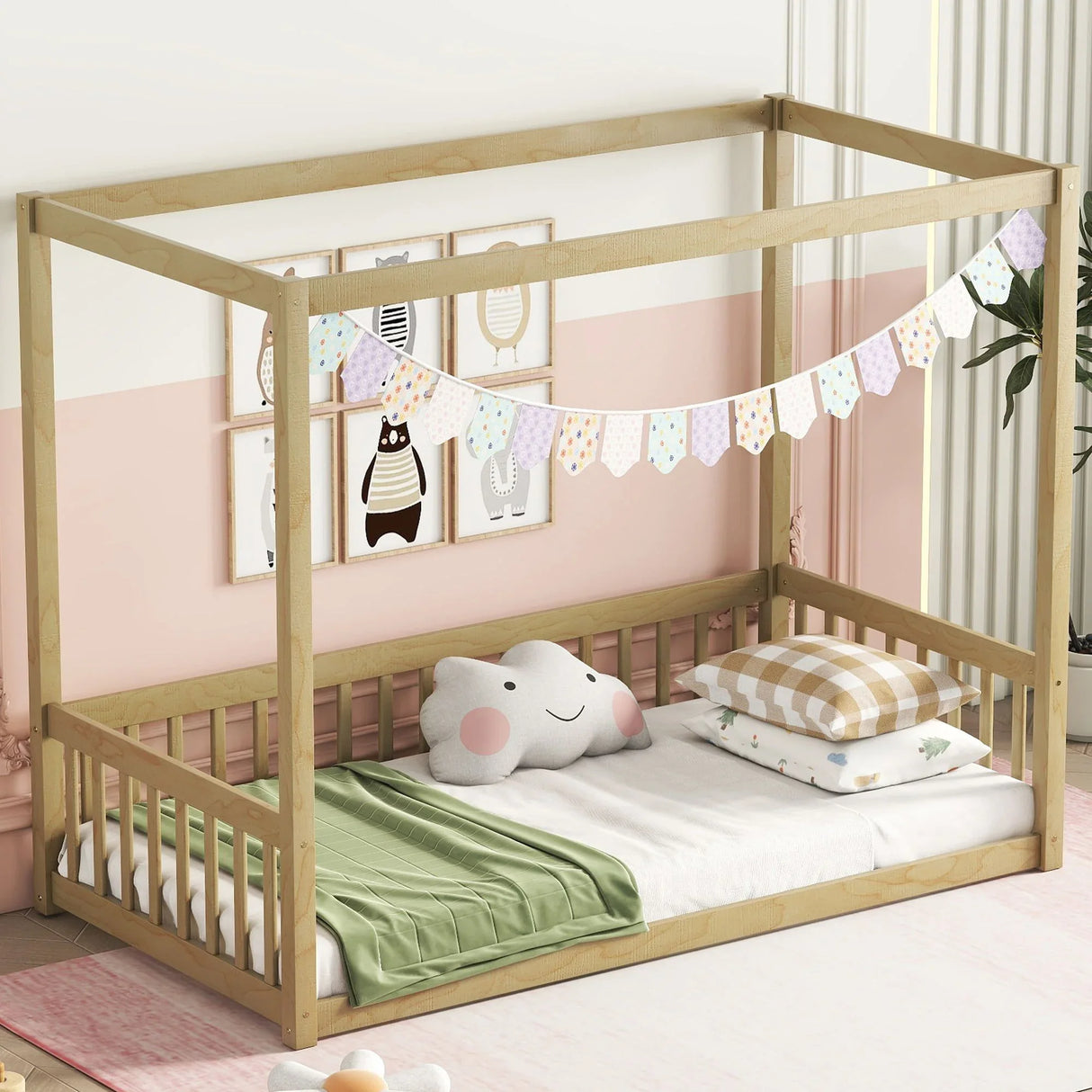 Canopy Frame Floor Bed With Fence, Guardrails - Furniture Home Direct