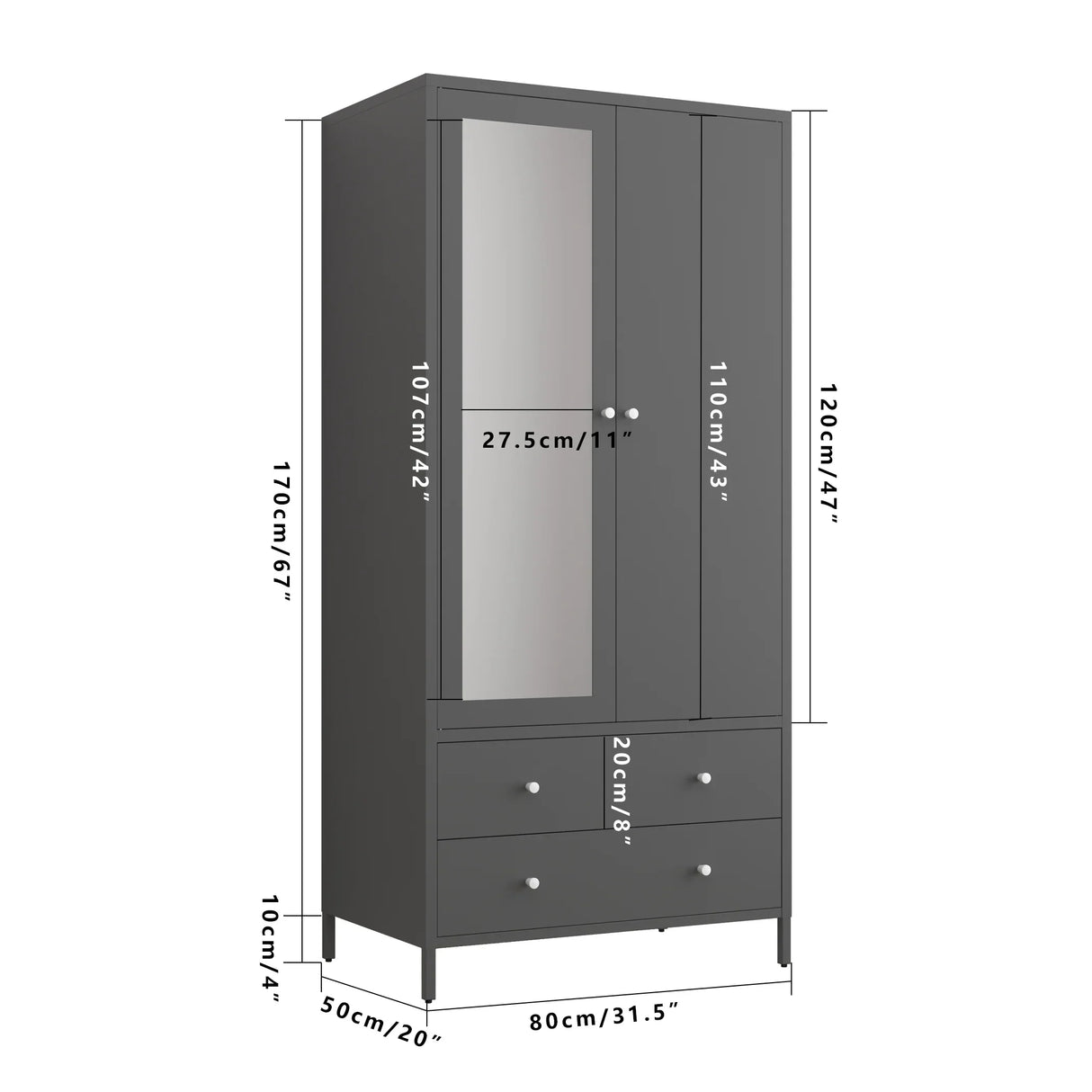 Wardrobe With Mirror Door And Two Drawers Charcoal Gray - Furniture Home Direct