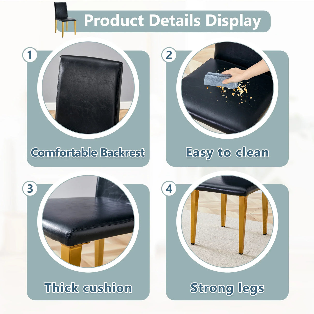 Dining Chairs Four Modern PU Leather Gold Legs Black - Furniture Home Direct