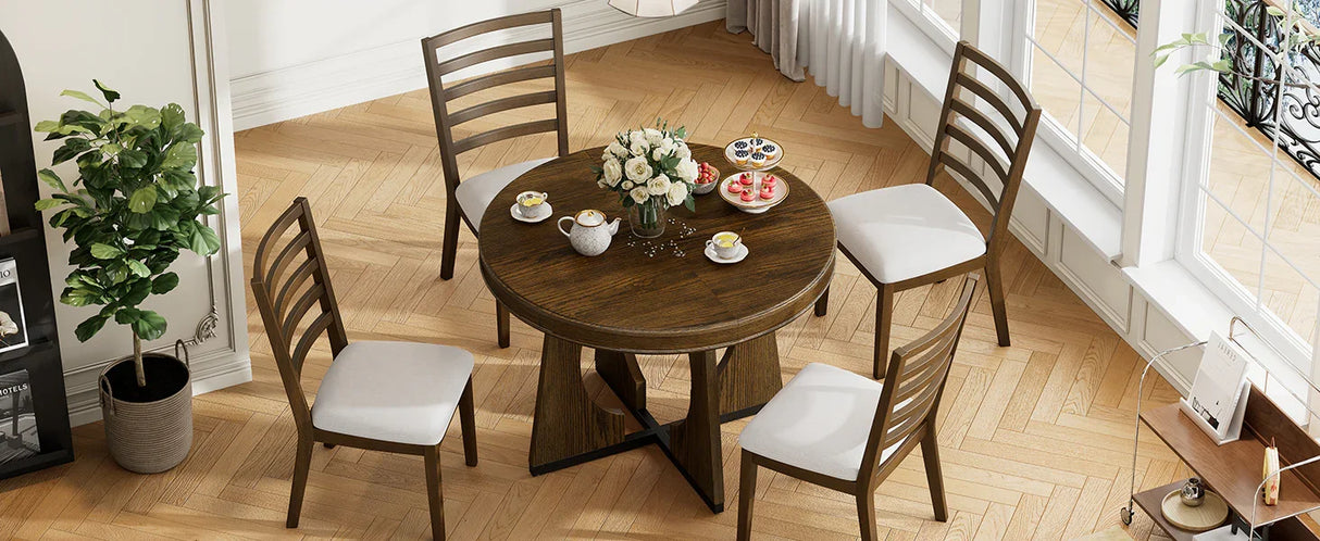 Dining Set Round Table With Four Upholstered Chairs Walnut - Furniture Home Direct