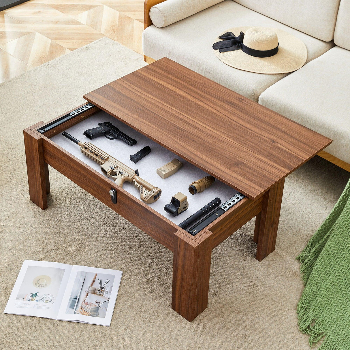 Multi Functional Coffee Table With Password Lock, Suitable For Storing Firearms And Wine - Walnut - Furniture Home Direct