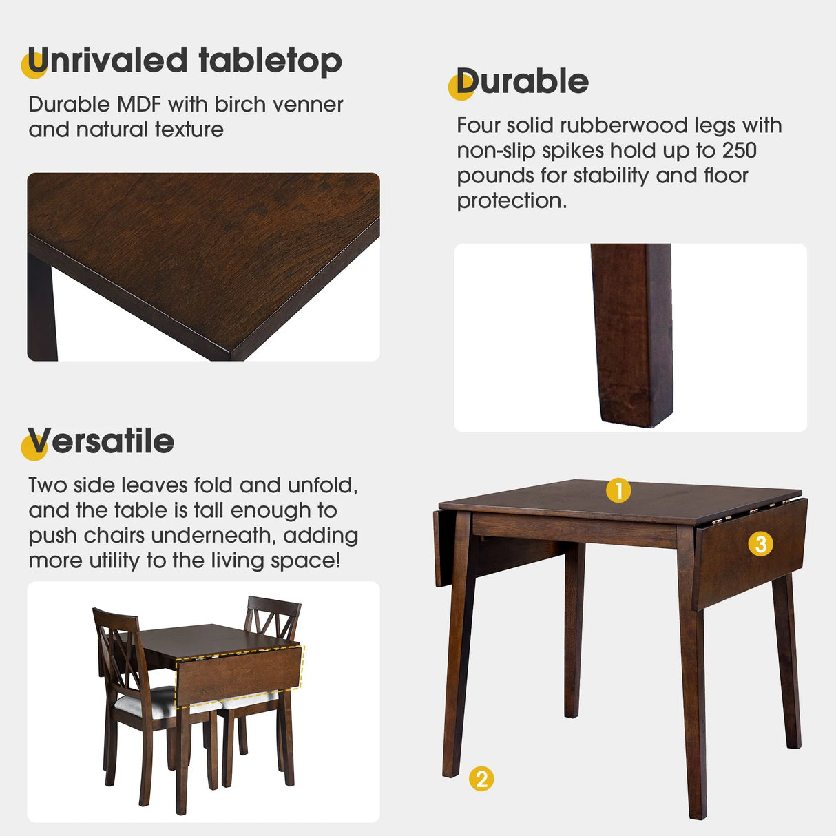3 Piece Kitchen Dining Set With Drop Leaf Dining Table And 2 Dining Upholstered Chairs, Dining Room Set For Small Places - Brown - Furniture Home Direct