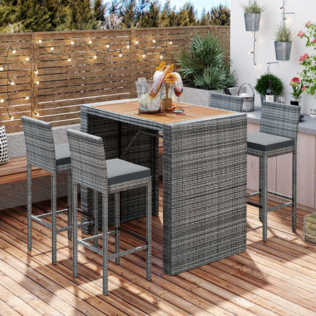 5 Pieces Outdoor Patio Wicker Bar Set, Bar Height Chairs With Non-Slip Feet And Fixed Rope, Removable Cushion, Acacia Wood Table Top - Brown / Gray - Furniture Home Direct