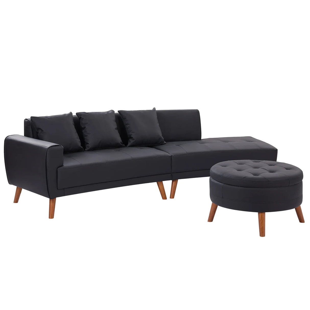 107 Inch Black Sectional With Round Storage Ottoman - Furniture Home Direct