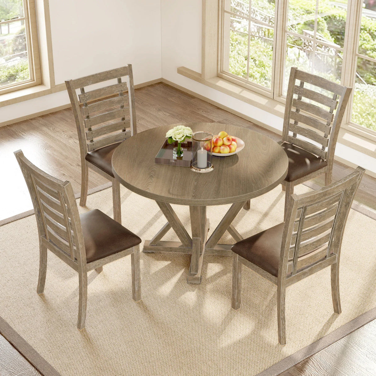 5 Pieces Table Set Round Dining Table Solid Wood Modern Farmhouse Rustic Look Distressed Look - Grayish Brown - Furniture Home Direct