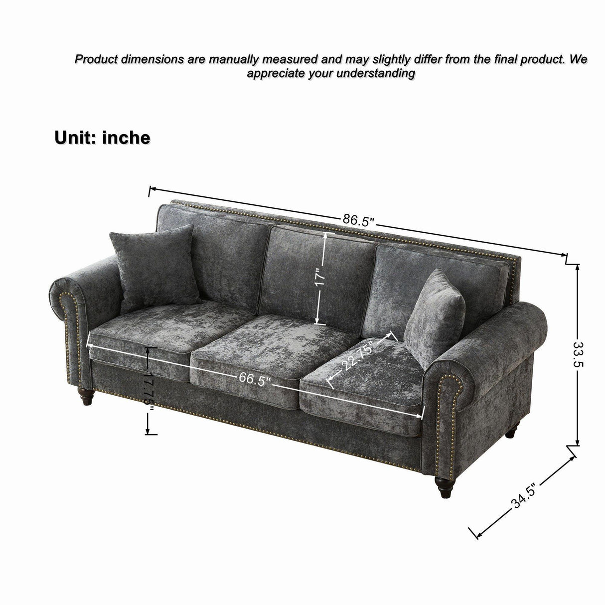 3 Seater Sofa With Tufted Upholstery, Rolled Arms, Nailhead Trim - Furniture Home Direct