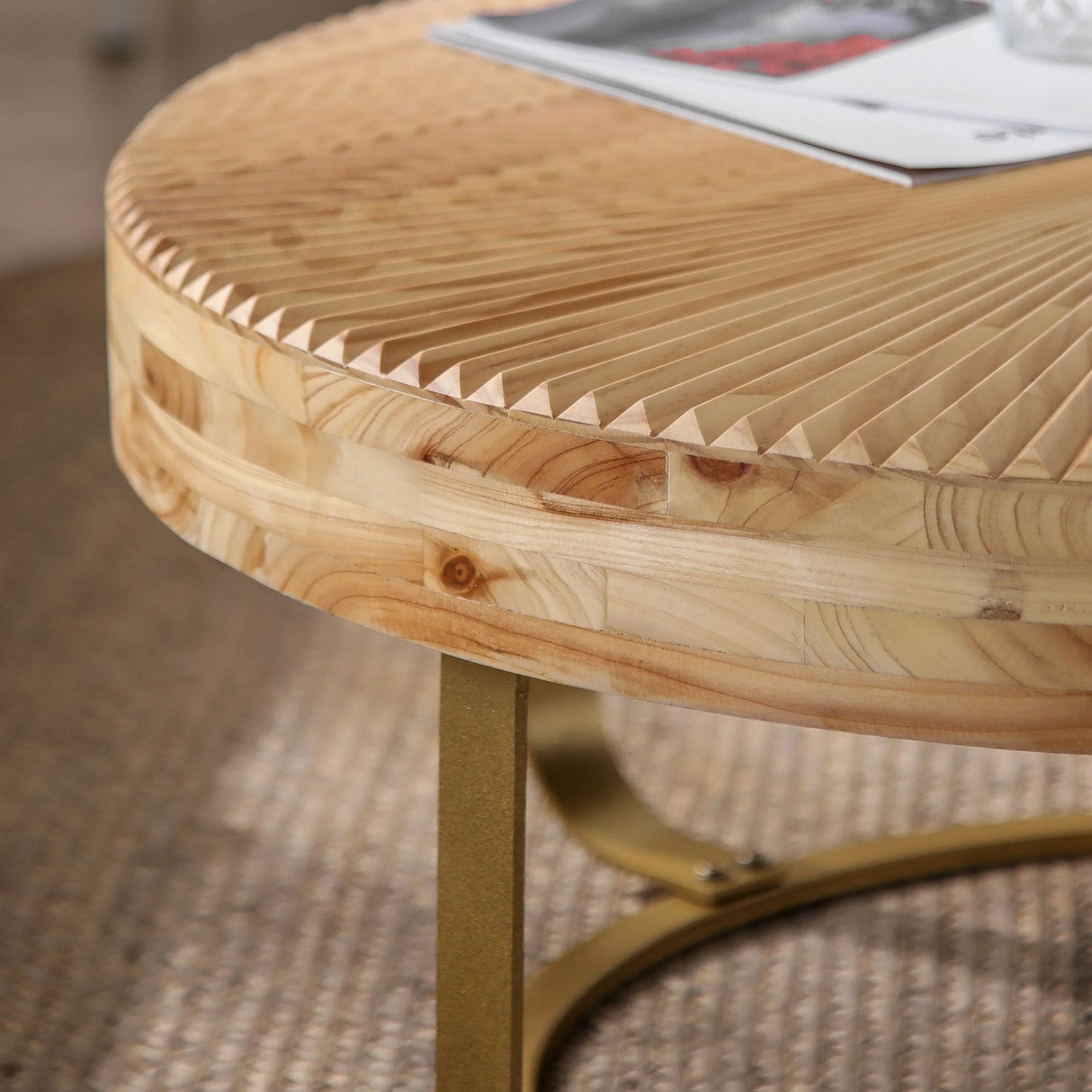 Coffee Table Round Carved Sunburst Top Natural Gold - Furniture Home Direct