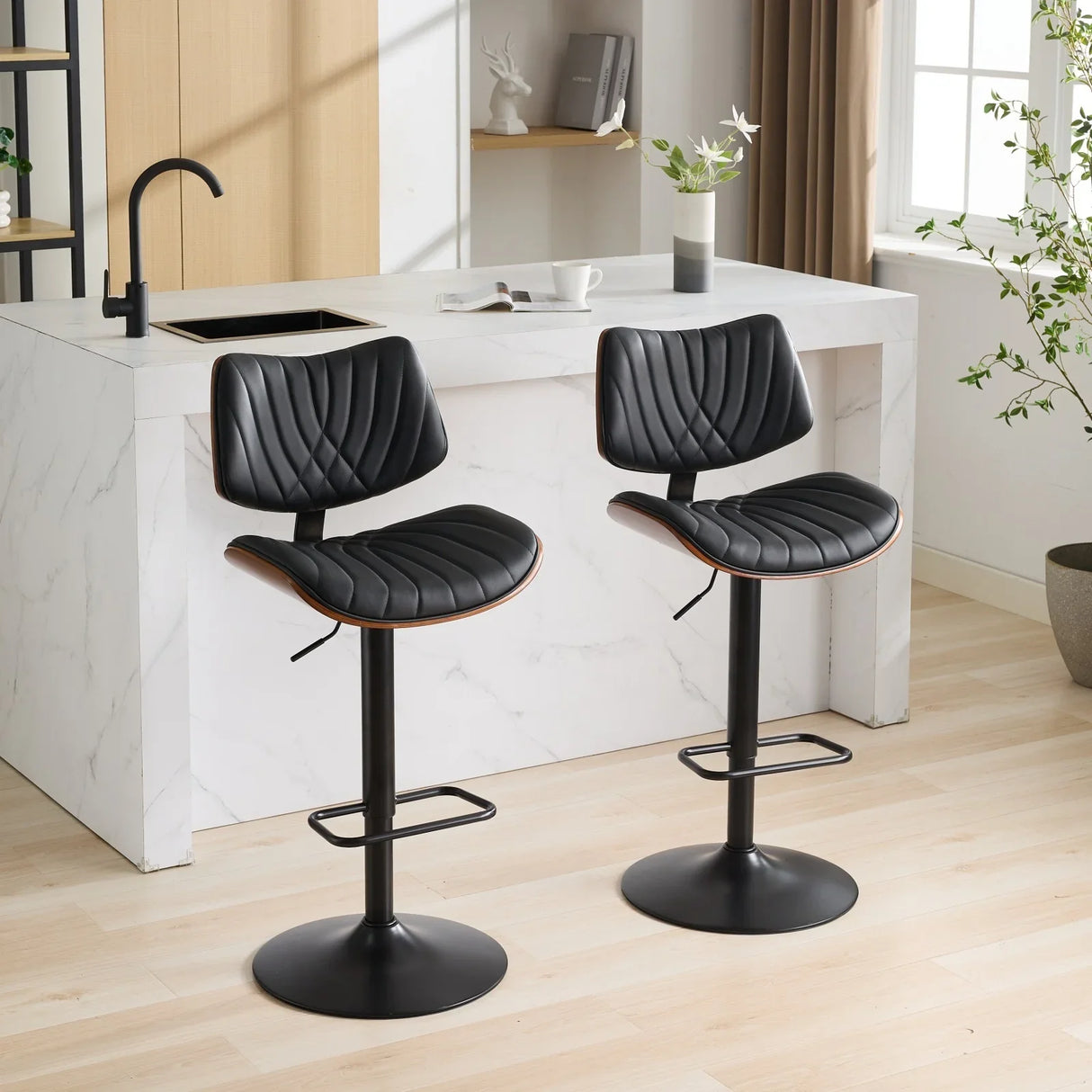Counter Stool Adjustable PU Leather Upholstered Black - Furniture Home Direct