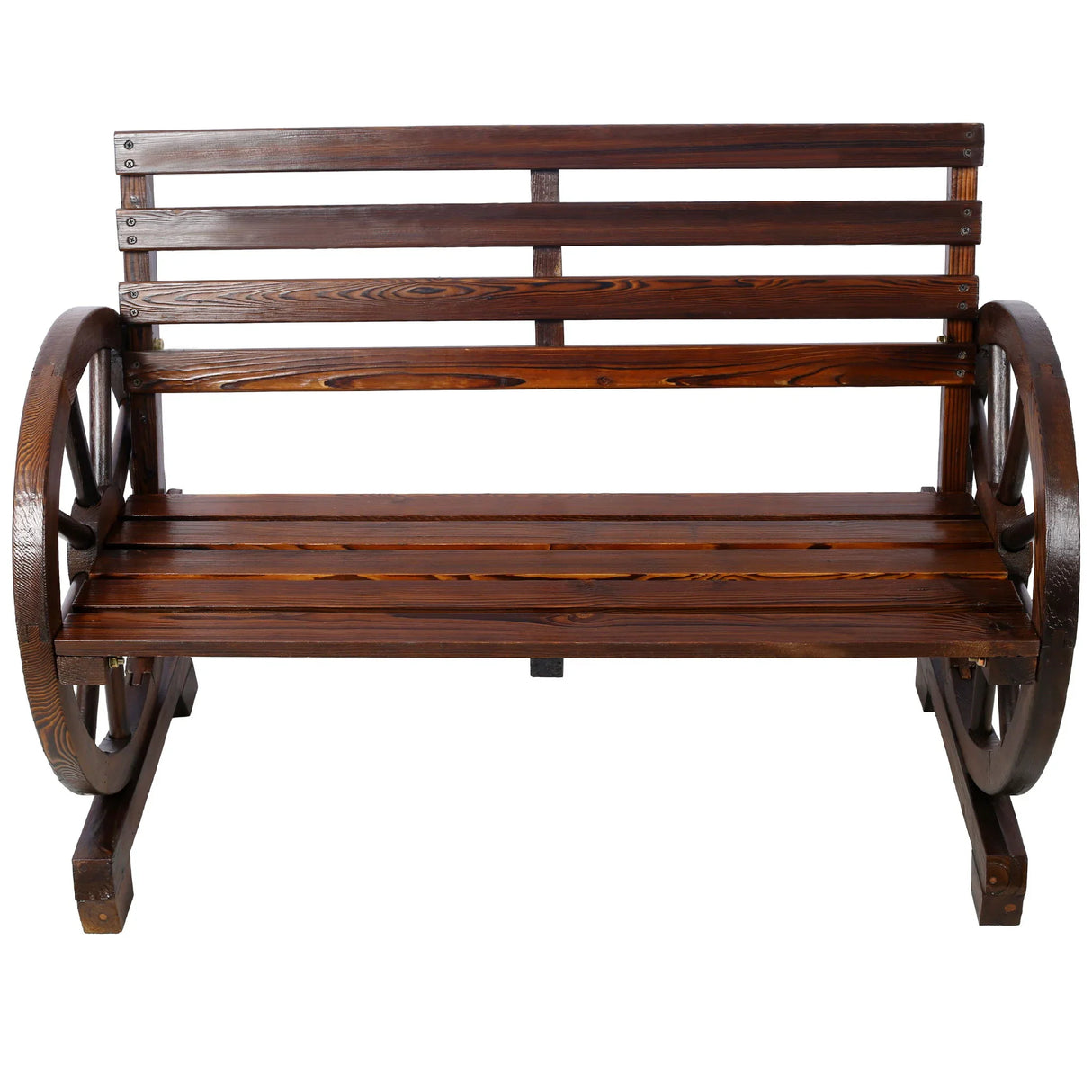 Rustic Country 2 Person Wooden Wagon Wheel Bench With Slatted Seat And Backrest - Brown - Furniture Home Direct