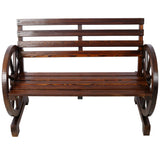 Rustic Country 2 Person Wooden Wagon Wheel Bench With Slatted Seat And Backrest - Brown - Furniture Home Direct