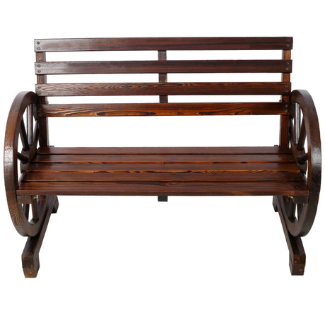 Rustic Country 2 Person Wooden Wagon Wheel Bench With Slatted Seat And Backrest - Brown - Furniture Home Direct