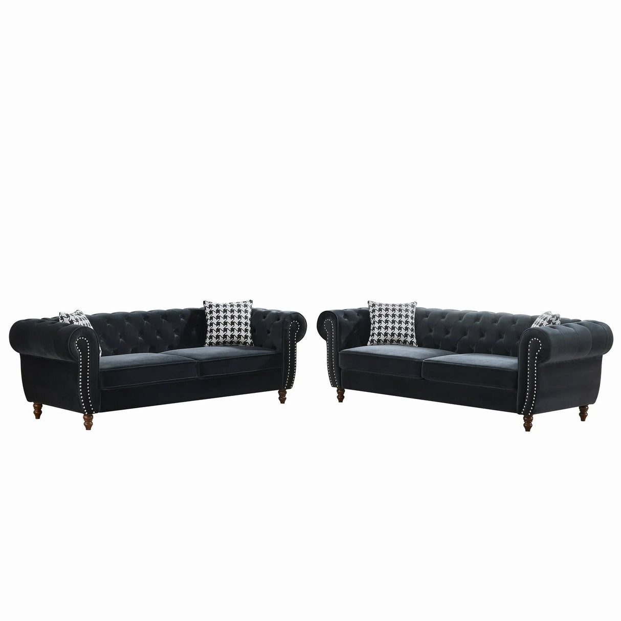 Chesterfield Velvet Upholstery Fabric Sofa With Roll Armrest & Nailhead, Mid Century Modern 3 And 3 Seater Couch - Furniture Home Direct