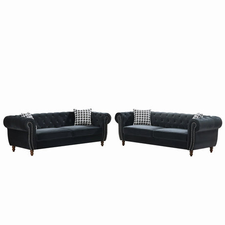 Chesterfield Velvet Upholstery Fabric Sofa With Roll Armrest & Nailhead, Mid Century Modern 3 And 3 Seater Couch - Furniture Home Direct