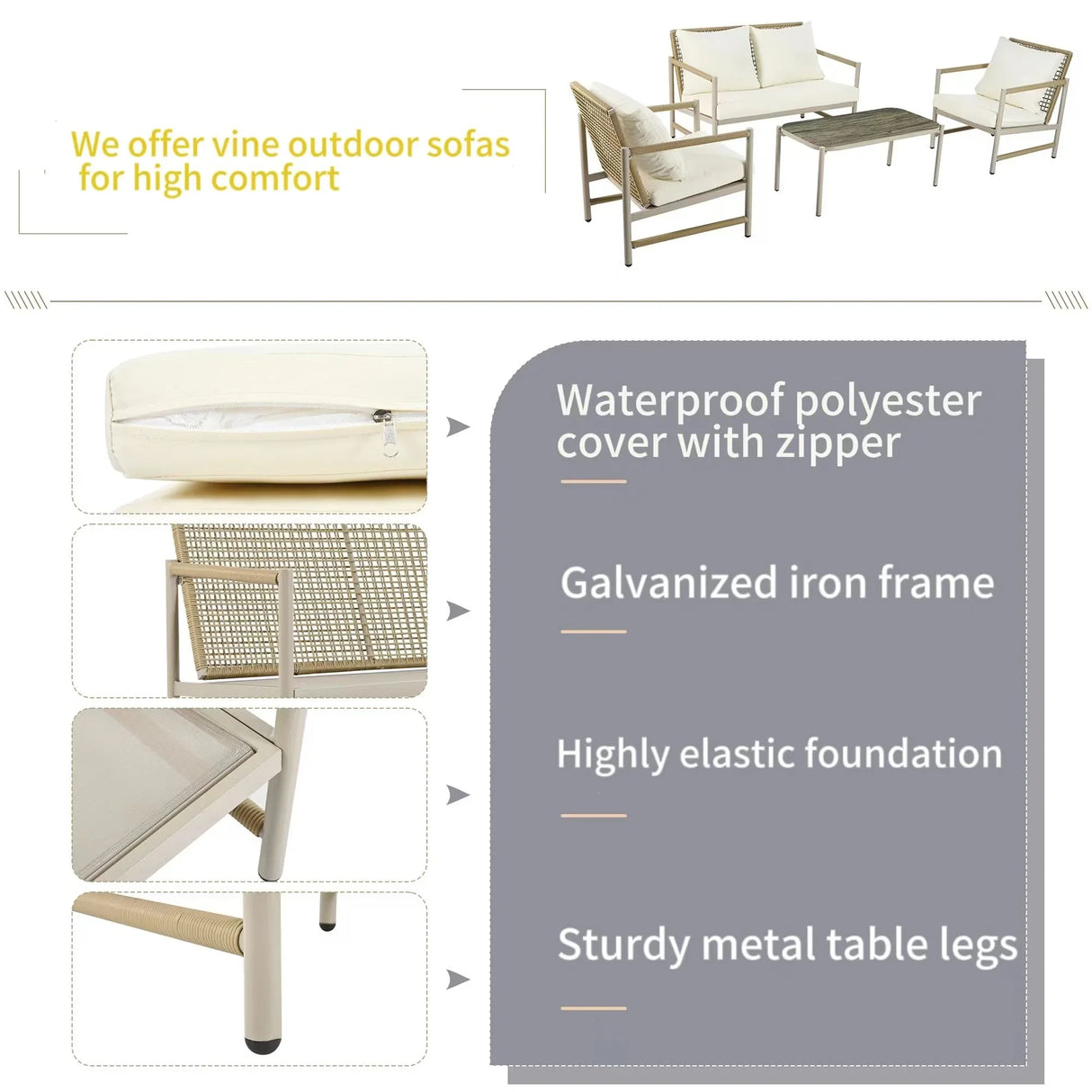 4 Pieces Patio Furniture Set, PE Rattan Wicker With Washable Cushion And Tempered Glass Tabletop, Conversation Furniture For Garden Poolside Balcony - Furniture Home Direct