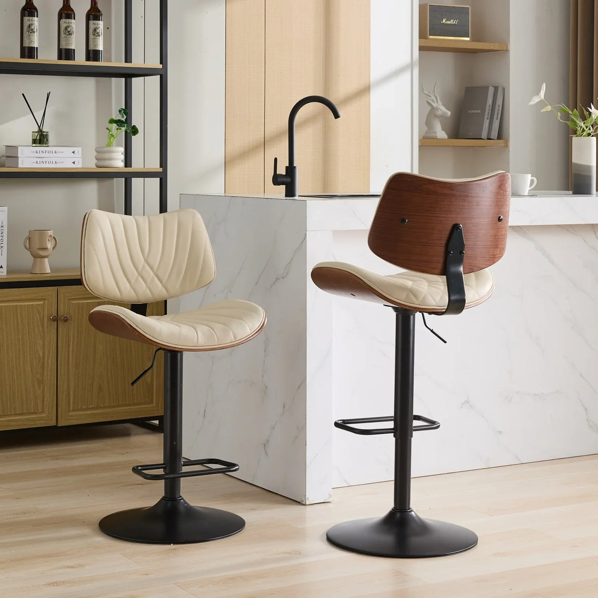 Counter Height Stool Adjustable PU Leather Swivel Beige - Furniture Home Direct