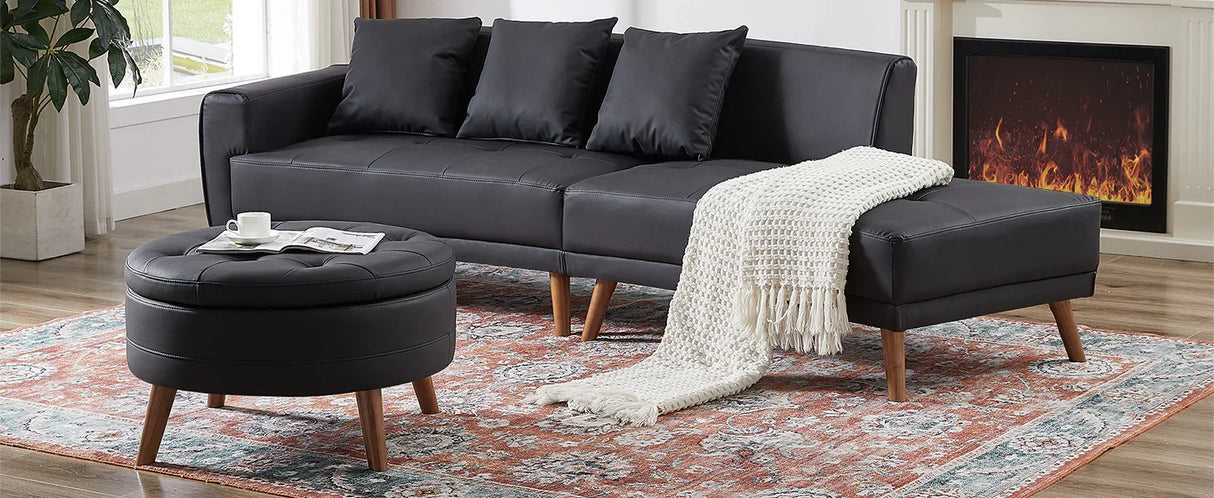 107 Inch Black Sectional With Round Storage Ottoman - Furniture Home Direct