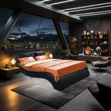 Queen Size Upholstered Platform Bed Frame With LED Lighting, Bluetooth Connection To Play Music Control, Backrest Vibration Massage, Curve Design, Wood Slat Support, Exhibited Speakers - Black - Furniture Home Direct