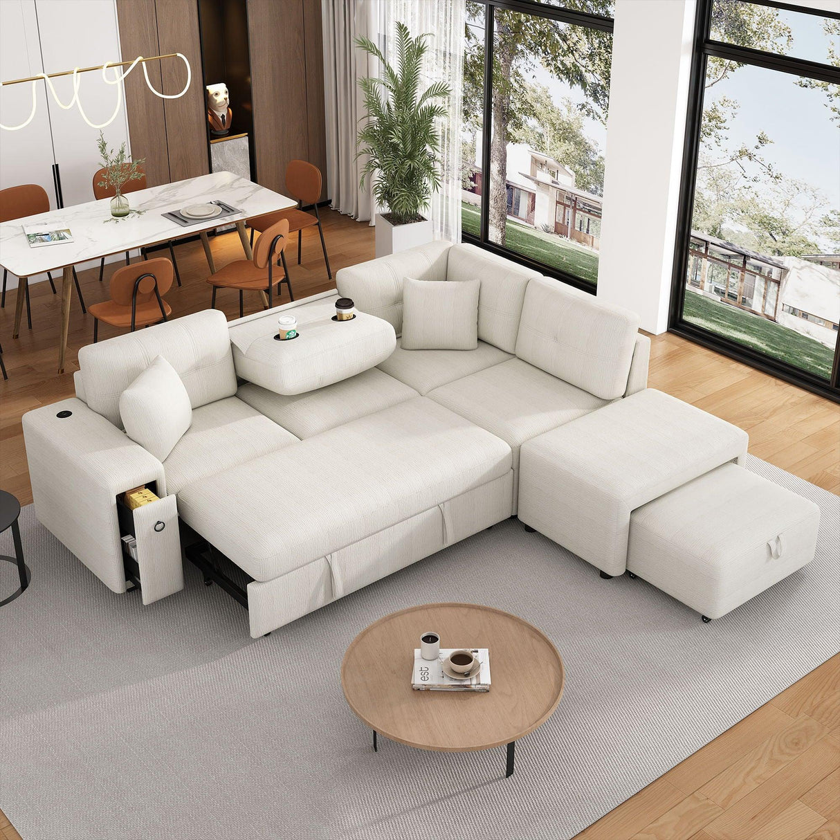 Sectional Sofa L-Shaped Sofa Couch Pull-Out Sofa Bed With A Movable Ottoman, Two USB Ports And Two Cup Holders For Living Room - Furniture Home Direct