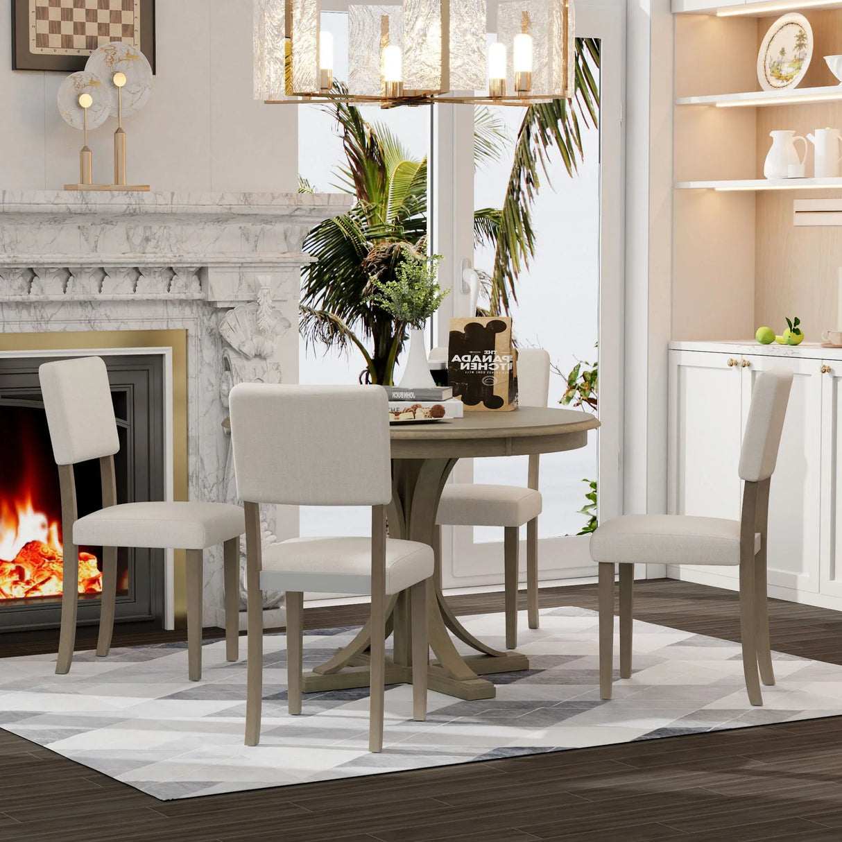 Retro Round Dining Table Set With Curved Trestle Style Table Legs And Upholstered Chairs For Dining Room - Furniture Home Direct