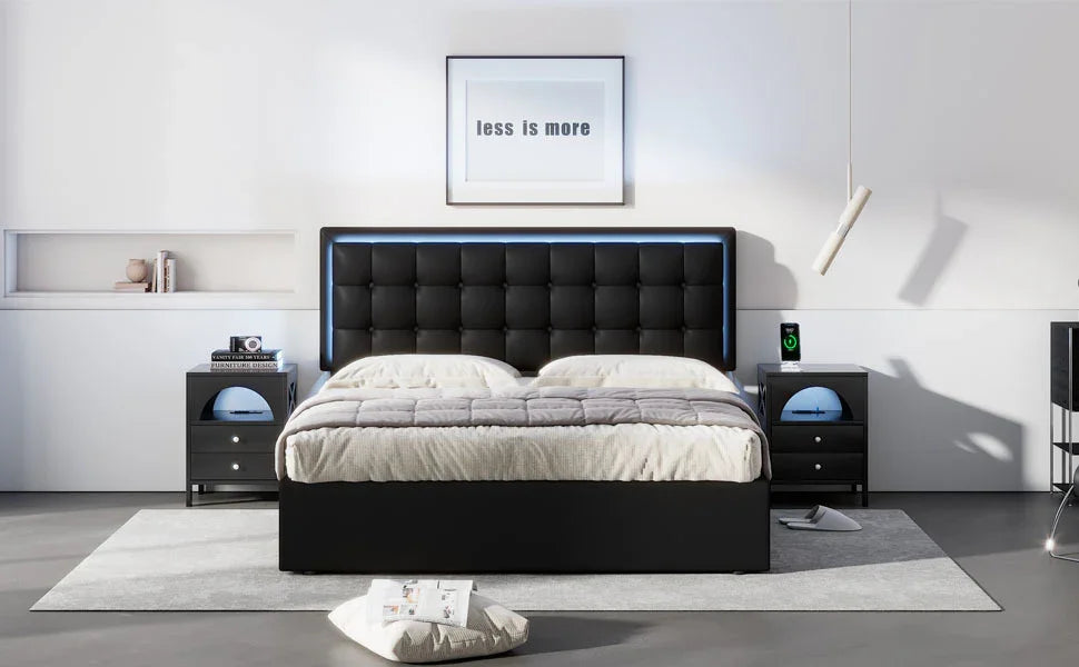 Storage Platform Bed Tufted Upholstered with LED Black - Furniture Home Direct